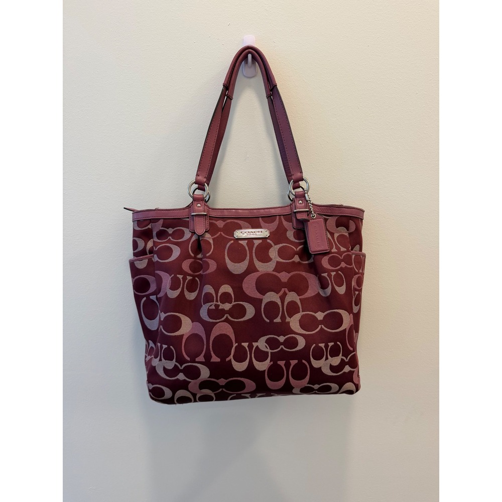 Coach Signature Jacquard Tote Bag Burgundy Pink Leather Trim Y2K Shoulder Purse